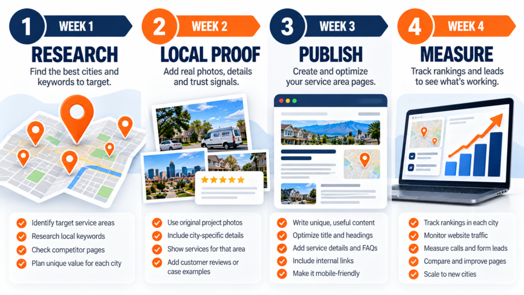 Four-week plan for building and measuring local landing pages
