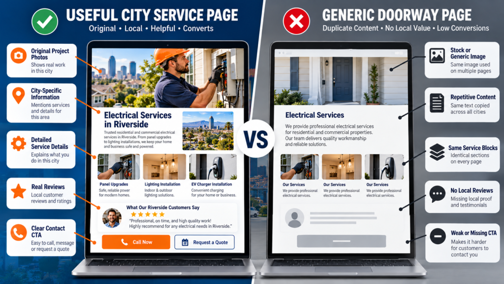 Comparison of useful local landing pages and thin doorway pages
